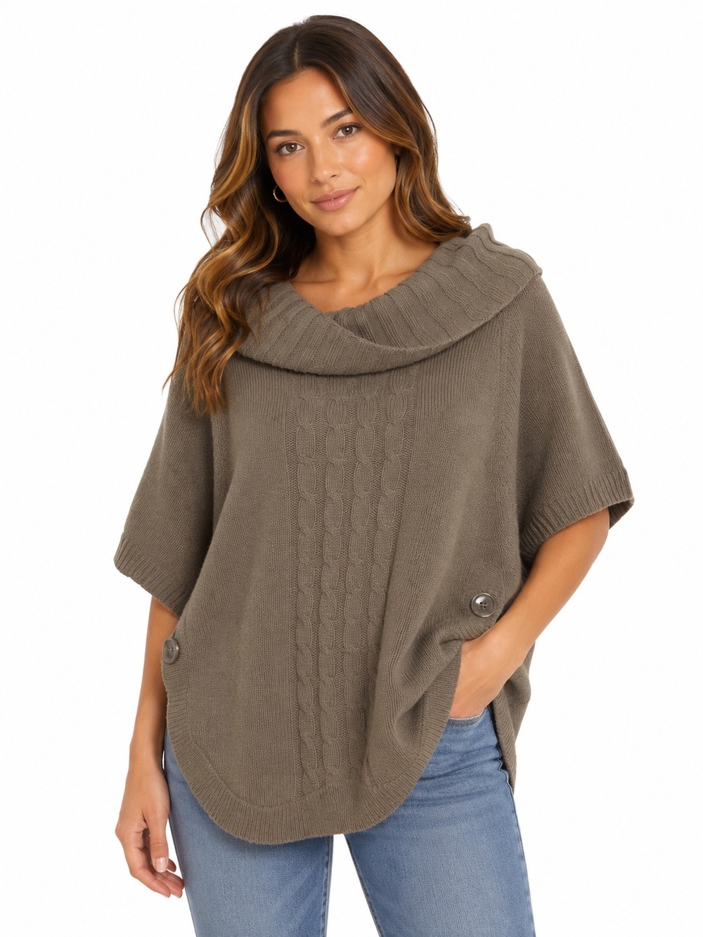 The Limited Olive Taupe Cable-Knit Cowl Neck Poncho Sweater